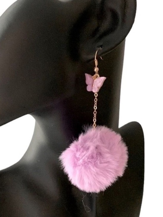 None Jewelry - LAVENDER Pom Pom Butterfly Pierced Earrings Gold Tone Chain